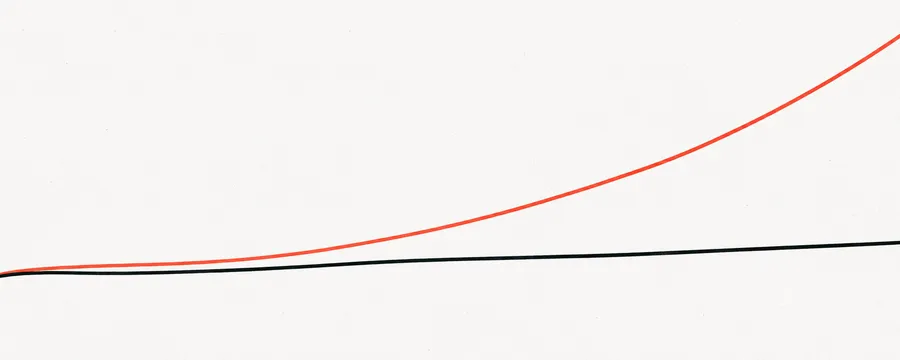Two curves on paper: a black line barely rising and a coral one pulling away upward - the gap between strategy and what AI has made possible.